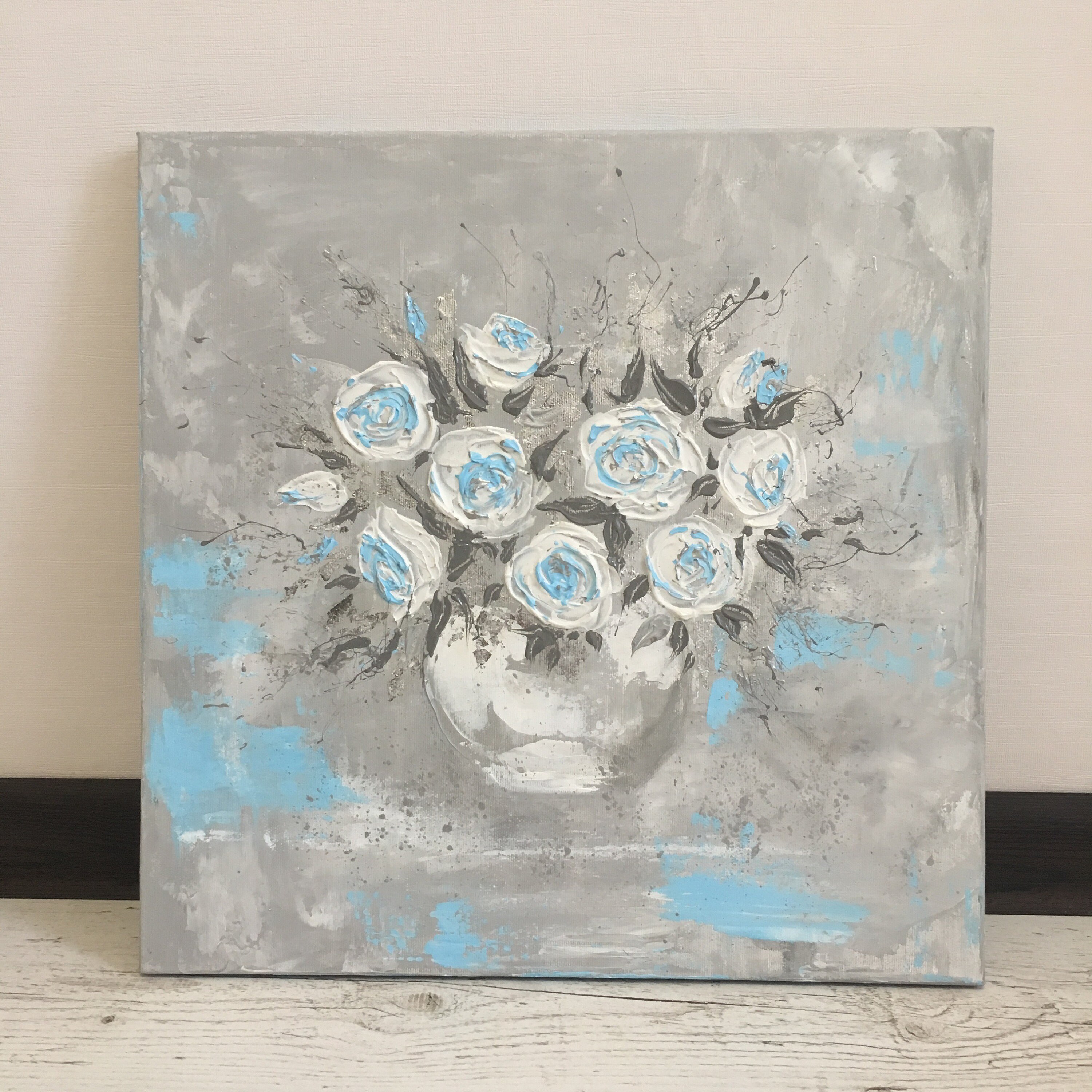 White roses Wall art Blue Acrylic Abstract Painting on canvas Etsy 日本