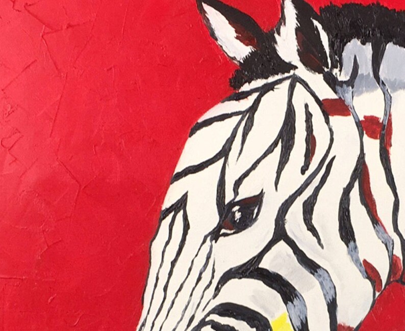 Zebra Painting Oil on Canvas Red Wall Art African Animals Africa Decor