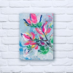 Pink flowers painting on canvas Original artwork Acrylic flowers Abstract painting Floral art Blue Flowers shelf decor Gift for mom