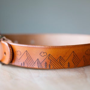 Personalized Leather Dog Collar | Mountain Pattern Handmade | Metal Double Bar Buckle | Custom Veg Tanned Brown Engraved | Nature Pattern