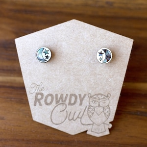 Moon and Stars Earrings | Lightweight Basswood and Abalone 14K Gold Plated Studs | Astronomy Astrology | Laser Cut Wood | Wooden Jewelry