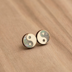 Yin Yang Earrings Black Mother Of Pearl and Basswood Wood Lightweight 14K Gold Plated Studs Chinese Philosophy Balance Opposites Wooden