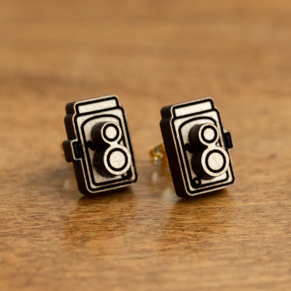 Camera Earrings | Lightweight Wooden Photography Jewelry | Basswood 14k Gold Plated Studs | Retro Camera Twin Lens Reflex TLR| Gift For Her