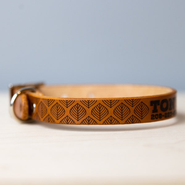 Personalized Leather Dog Collar | Geometric Leaf Pattern Handmade | Metal Double Bar Buckle | Custom Veg Tanned Engraved | Autumn Nature