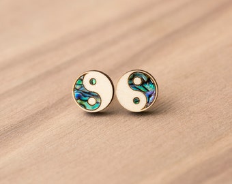 Yin Yang Earrings | Lightweight Basswood and Abalone 14K Gold Plated Studs | Yin and Yang | Laser Cut Wood | Opposites | Wooden Jewelry