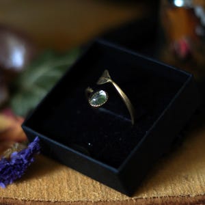Peut inclure: Une bague en or avec une pierre précieuse verte sertie dans un motif de feuille. La bague est présentée dans un écrin à bague en velours noir.