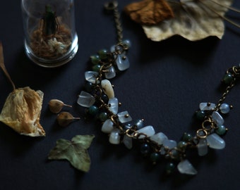 Saga - Betula / Multi-bead grigri bracelet with fine stones, moss agate and moonstone (ON ORDER)