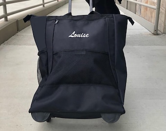 Custom Logo Heavy Duty Rolling Convention Trade Show Unisex Zip Closure Business Travel Tote Bag w/ Dual Handle & Inline Skate Wheels