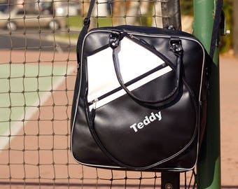 Personalized Name Trending Stunning Fabulous Black Tennis Racket Outdoor Gym Fitness Tablet / Ipad Holder Zippered Storage Duffel Bag