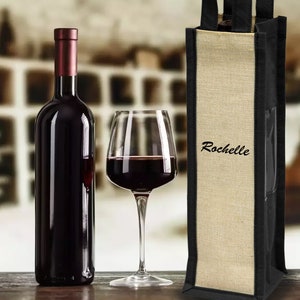 Personalized Heat Transfer Black / Burgundy Eco Jute Single One Red / White Wine Bottle Holder For Holiday Gift / Party w/ carry handle Tote