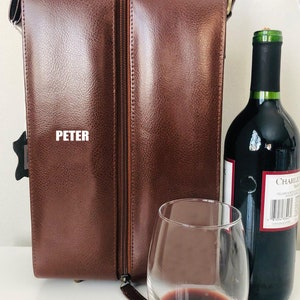 Heat Transfer Personalized Dual Leather Brown Red / White Wine Zip Around Protected Case Carrier Holder For The Holiday Gifts & Wine Lover