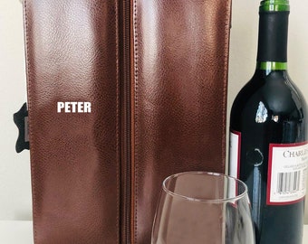 Heat Transfer Personalized Dual Leather Brown Red / White Wine Zip Around Protected Case Carrier Holder For The Holiday Gifts & Wine Lover