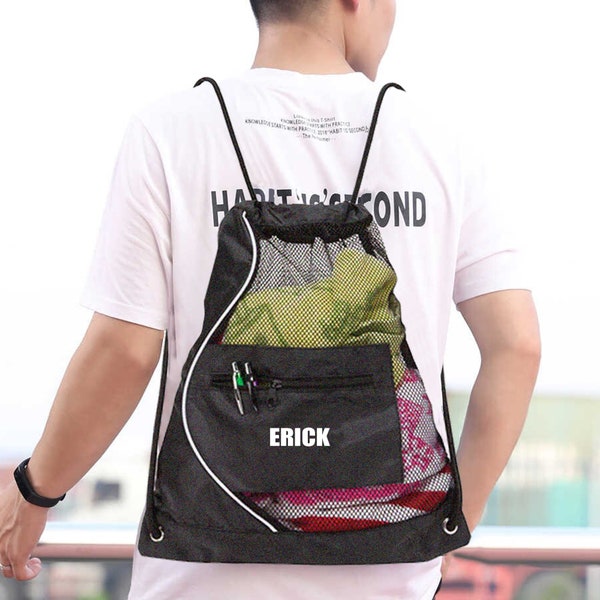 Personalized Heat Transfer Spacious Lightweight Travel Mesh Drawstring Bag Fitness Gym Zip Pocket Sports Sack Backpack Travel For Men Women