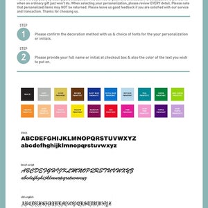 Może przedstawiać: Przewodnik po opcjach personalizacji produktu. Przewodnik zawiera listę krok&oacute;w, paletę kolor&oacute;w i style czcionek. Tekst zawiera słowa "Style personalizacji" i "Zr&oacute;b to naprawdę swoje, dodając personalizację".