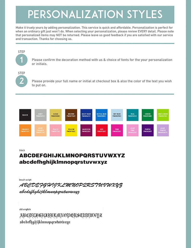 Może przedstawiać: Przewodnik po opcjach personalizacji produktu. Przewodnik zawiera listę krok&oacute;w, paletę kolor&oacute;w i style czcionek. Tekst zawiera słowa "Style personalizacji" i "Zr&oacute;b to naprawdę swoje, dodając personalizację".