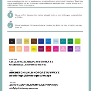 Puede incluir: Una gu&iacute;a sobre las opciones de personalizaci&oacute;n para agregar un nombre o iniciales a un producto. La gu&iacute;a incluye una tabla de colores con 18 muestras de colores y cuatro estilos de fuente: bloque atl&eacute;tico, bloque, escritura a mano y ingl&eacute;s antiguo. El texto incluye lo siguiente: "Hazlo realmente tuyo agregando personalizaci&oacute;n. Este servicio es r&aacute;pido y asequible. La personalizaci&oacute;n es perfecta cuando un regalo ordinario simplemente no es suficiente. Al seleccionar tu personalizaci&oacute;n, revisa CADA detalle. Ten en cuenta que los art&iacute;culos personalizados NO se pueden devolver. D&eacute;janos una buena valoraci&oacute;n si est&aacute;s satisfecho con nuestro servicio y la transacci&oacute;n. Gracias por elegirnos."