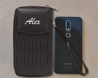 Black Personalized Name / Logo Travel Trip Cards Bill Pen Passport ID Smart Phone Holder Organizer Wallet w/ Strap