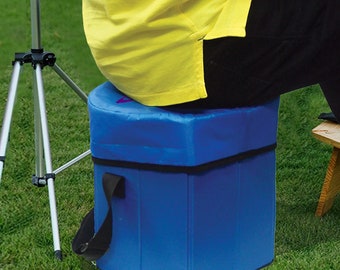 May include: A blue foldable camping stool with a black handle. The stool is made of a sturdy material and is perfect for outdoor activities.