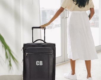 Print Deboss Name Rolling Classic Black Business Executive Laptop Tablet Carry On Overnight Weekend Leather 20" Luggage Organizer Case