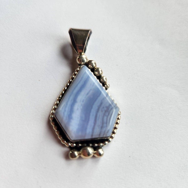 Irv Monte Sterling Pendant, Blue Lace Agate Stone, Ornate. Signed. Old Pawn Jewelry