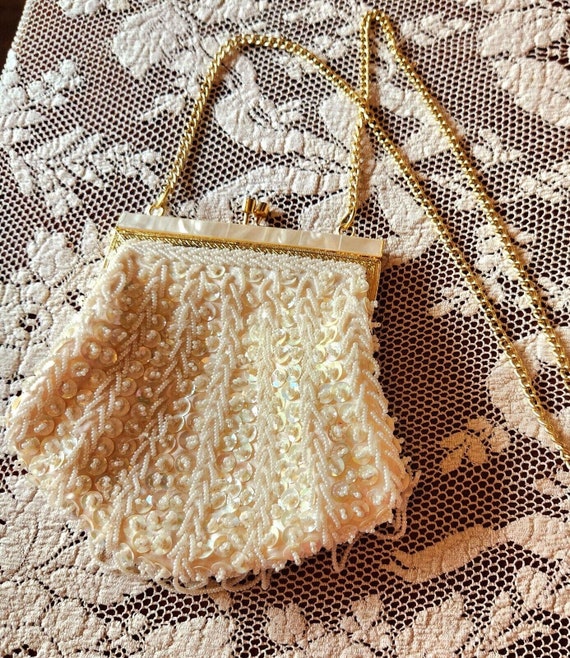 Hand Beaded Vintage Bag, Purse, Clutch. Ivory, Cre