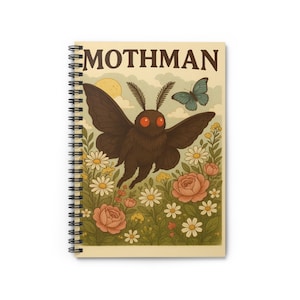 Cottagecore Mothman Notizbuch - blumiges Notizbuch für Cryptid Liebhaber, süßes Gothic Schreibwaren Geschenk, Softcover Spiralblock