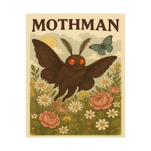 Cottagecore Mothman Poster - Whimsical Floral Cryptid Wall Art |  Nature Lovers, Cozy Decor, Gothic Garden Vibes