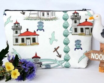 Light house design cosmetic bag, Lighthouse make up case, Beach themed pouch, holiday gift idea, holiday accessory