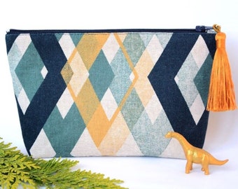 Blue-yellow geometric design cosmetic bag, Geometric make up case with silk golden tassel, minimalistic cosmetic bag, modern gift idea