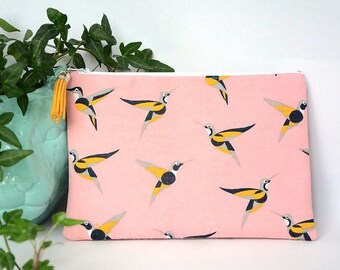 Humming bird zipper pouch, Humming bird make up case, Minimalistic bird designe purse bag, stationary gift idea