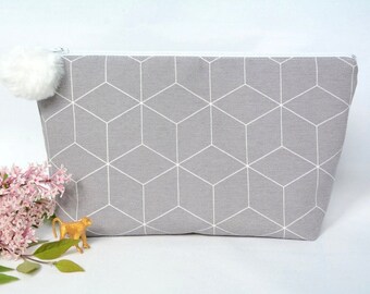 Grey-white geometric design pouch, Geometric make up case, minimalistic design cosmetic bag, modern gift idea