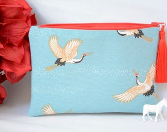 Crane bird zipper pouch, Crane bird make up case, Chinese designed purse bag, stationary gift idea