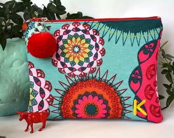 Gypsy Zipper pouch with embroidered initial - personalized gift - handmade - customized make up bag - Ibiza bag