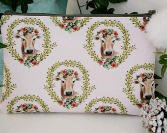Cow zipper Pouch, cow with flowers zipper Pouch, cow make up case, Swiss folklore bag, stationary gift idea