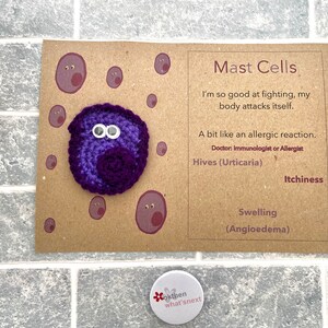 May include: A purple crocheted mast cell with googly eyes. The card reads "Mast Cells. I'm so good at fighting, my body attacks itself. A bit like an allergic reaction. Doctor: Immunologist or Allergist. Hives (Urticaria) Itchiness Swelling (Angioedema)"