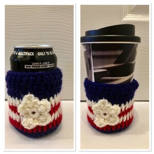 Red, White & Blue USA Patriotic Coffee / Can Cozie, crochet, handmade image 1