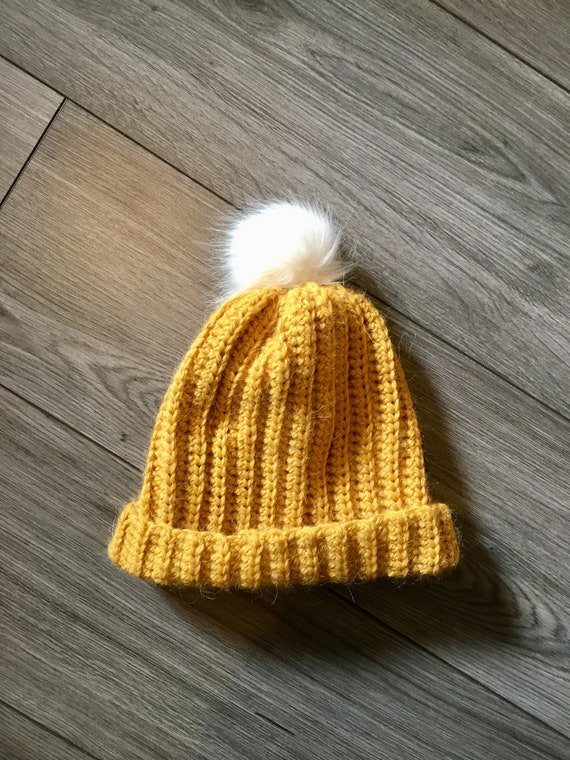 Crochet Ribbed Pom Pom Beanie Hat, Mustard, Yellow, Handmade Winter Hat