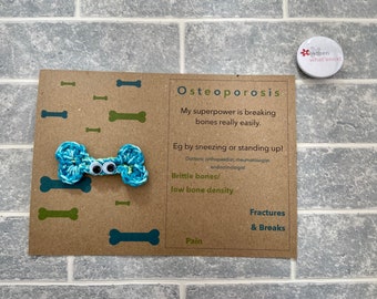 Osteoporosis Info Card, Awareness Card, Chronic Illness Humour, Removable Crochet Pin Badge, Spoonie Gift,