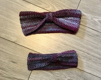 Crochet Bow Headband, Hairband, Ear Warmer, Purple, Adult and Child