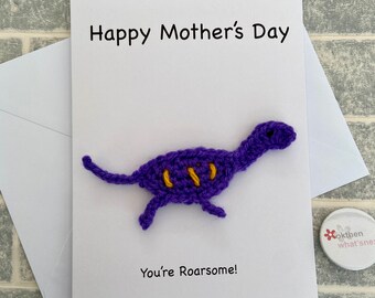 Dinosaur Mother’s Day Card, You're Roarsome, Crochet Funny Card, Handmade, Removable Fridge Magnet, Novelty Card