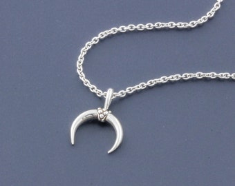 925 Sterling Silver Double Horn Necklace Pendant with FREE CHAIN, Crescent Moon, Handmade – PPHR1X