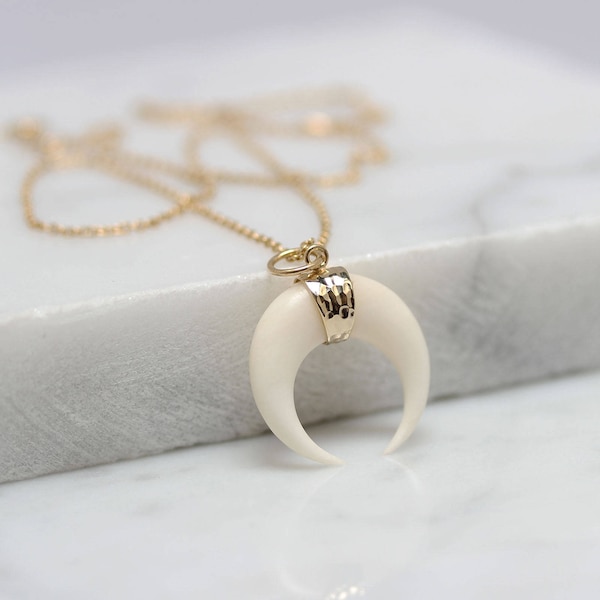 22x22mm Hammered Sterling Silver Double Horn Necklace Pendant, White horn, Crescent Moon, Handmade, Rose Gold, Light Gold, Hammered