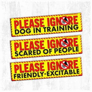 May include: Three rectangular yellow stickers with red and yellow striped borders. Each features the text PLEASE IGNORE in red, a red circle with a hand icon, and specific black text: DOG IN TRAINING, SCARED OF PEOPLE, or FRIENDLY-EXCITABLE.