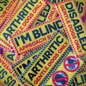 Può includere: Un gruppo di toppe rettangolari gialle con testo nero e rosso. Le toppe recitano "Arthritic Gentle Dogs Only", "I'm Blind Approach Slowly" e "Disabled Gentle Dogs Only". Le toppe hanno un bordo rosso e nero.