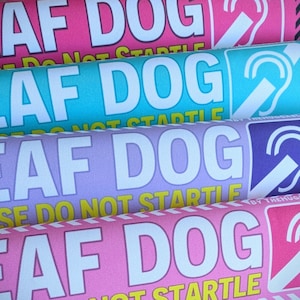 Può includere: Primo piano di quattro rotoli di tessuto colorati. Ogni rotolo mostra le parole "DEAF DOG" in grandi lettere bianche, con la frase "DO NOT STARTLE" sotto. I rotoli sono in tonalità di rosa, blu, viola e rosa.