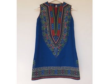 Vintage African print mini dress, blue tunic XS