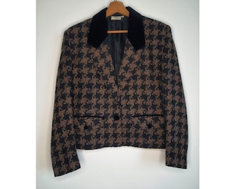 Vintage houndstooth wool cropped blazer, size S, brown boxy velvet 80s jacket