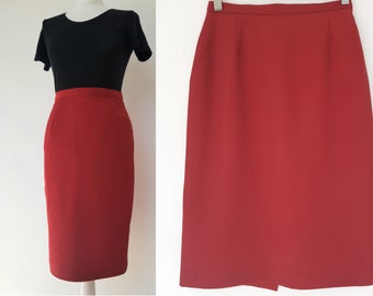 Vintage 80s red wool midi pencil skirt small