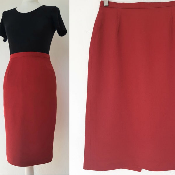 Vintage 80s red wool midi pencil skirt small