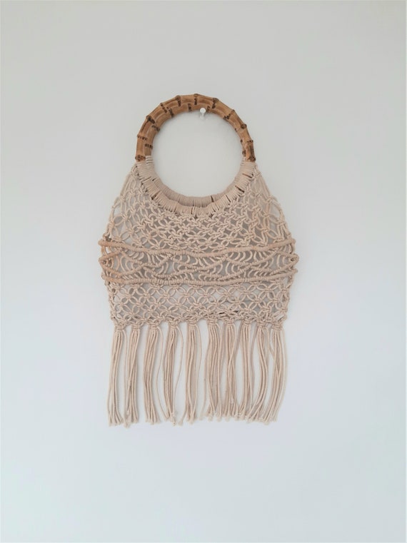 Vintage macrame woven handbag with bamboo handles,